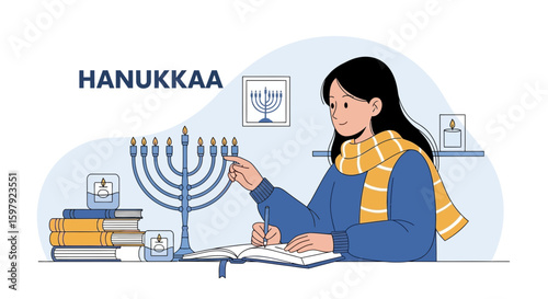 Celebrating Hanukkah Woman Lighting Candles And Journaling At Home