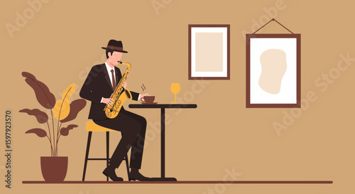 Elegant Jazz Musician Performing Live With Saxophone In Minimalist Cafe Interior