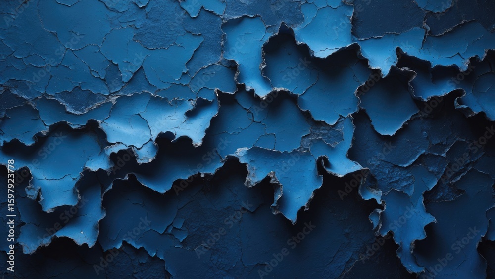 Obraz premium Cracked blue paint surface with peeling sheets and textures.