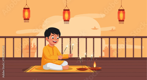 Boy Celebrates Diwali Festival With Sparklers And Lamps On Terrace At Sunset
