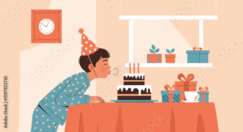 Boy Celebrating Birthday Blowing Candles On Cake Festive Celebration Party
