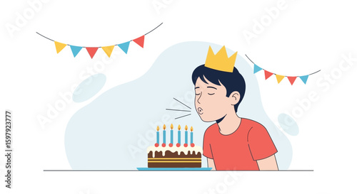 Boy Celebrating Birthday Blowing Out Candles Vector Design Illustration