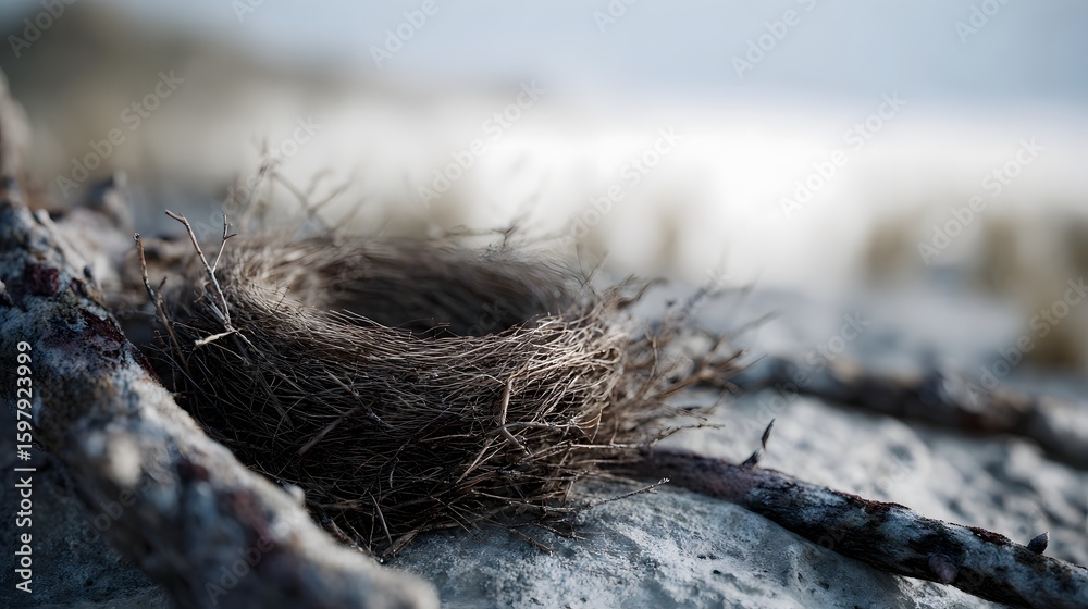 Obraz premium Abandoned bird nest on a weathered branch