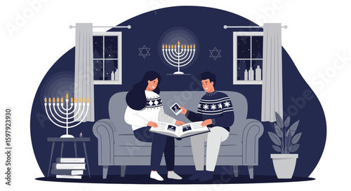 Cozy Hanukkah Evening Couple Remembering Moments While Looking Photo Album