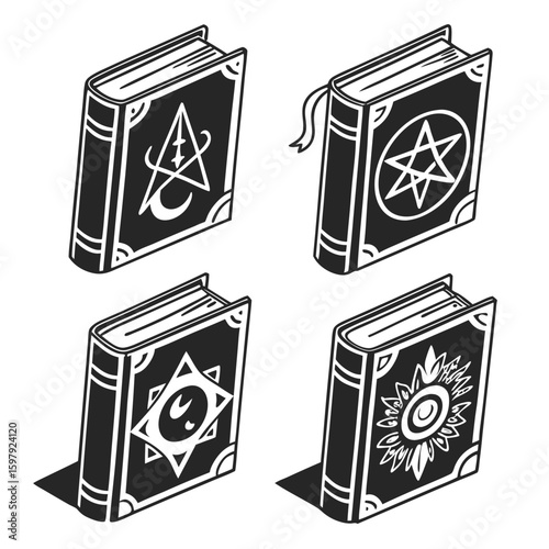 Four black magic books with pentagrams silhouette isolated on white background