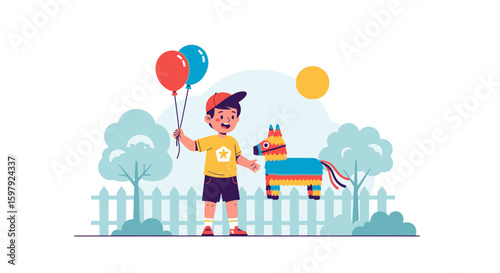 Boy Celebration With Colorful Balloons And A Festive Pinata Illustration