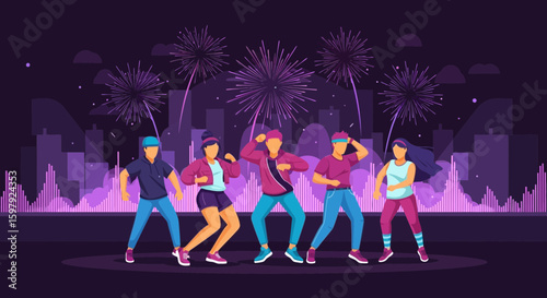 Celebrating Joyful Moments Dynamic Group Dancing Under Festive Fireworks Show