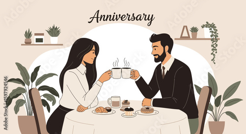 Celebrating Love Couple Enjoying Coffee And Pastries Anniversary At Home Together