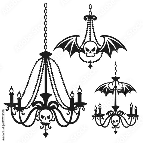 Gothic halloween chandeliers with skulls and bat wings silhouette isolated on white background
