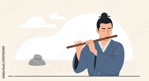 Elegant Man Plays Traditional Bamboo Flute in Serene Japanese Zen Garden Setting