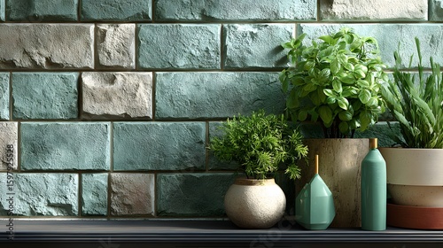 Contemporary Indoor Plant Arrangement Against Vintage Textured Brick Wall