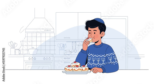 Boy Enjoying Sufganiyot In The Kitchen During Hanukkah Celebration