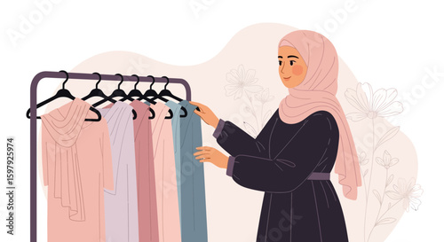 Elegant Muslim Woman Selects Outfit From Clothing Rack For Special Occasion