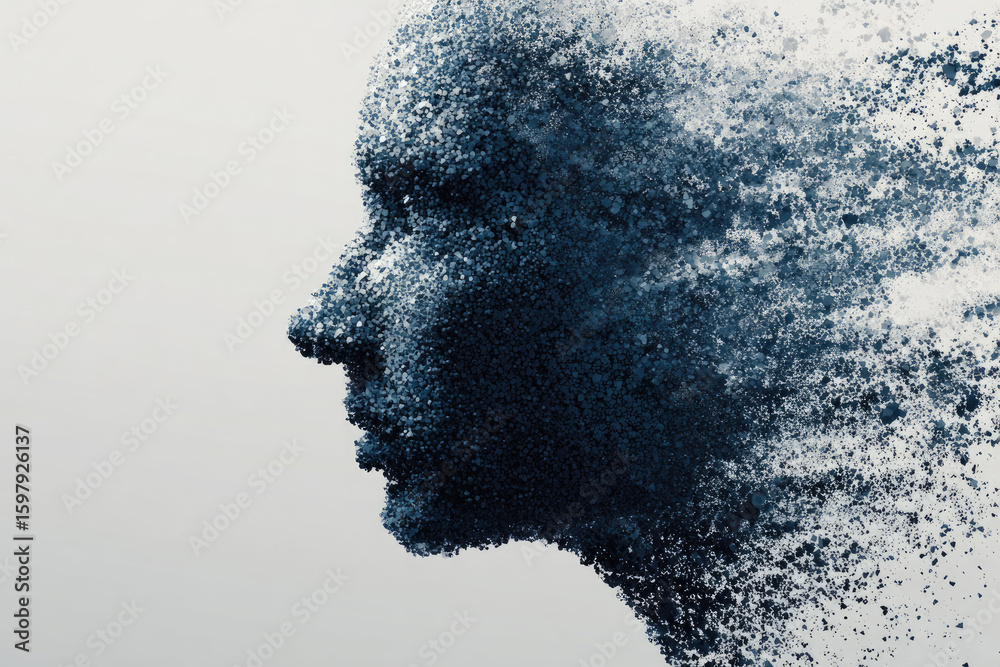 Silhouette of a human head created from pixel particles. Conceptual image of Deep Learning and Face recognition systems Silhouette of a human head created from pixel particles. Conceptual image of Deep Learning and Face recognition systems
