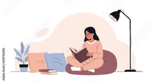 Cozy Reading Moment Woman Enjoying Book On Beanbag Chair At Home