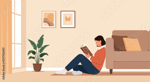 Cozy Reading Moment Young Woman Relaxing At Home With A Book