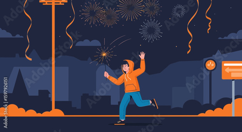 Celebrating New Year Joyfully with Sparklers and Fireworks in the City