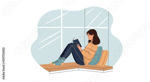 Cozy Reading Nook A Young Woman Enjoying A Book By The Window