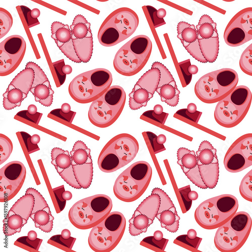 Vector seamless pattern with three types of pink house slippers in girly style. Cute and cozy footwear design on white background, perfect for feminine-themed projects.