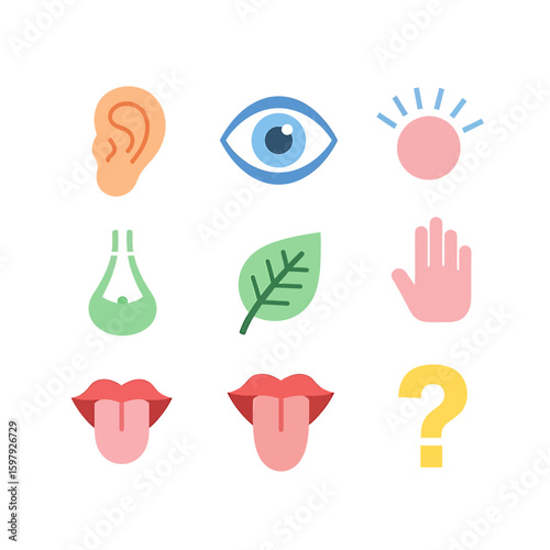 Illustration depicting the five senses: hearing (ear), sight (eye), smell (nose), taste (tongue), touch (hand), and a question mark.