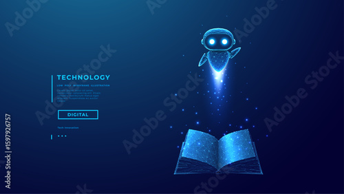 Abstract Futuristic AI Robot or Education Agent Flies Over Opened Digital Book. Knowledge or Online Education Concept. Hologram of Artificial Intelligence Agent Character on Technology Blue Background