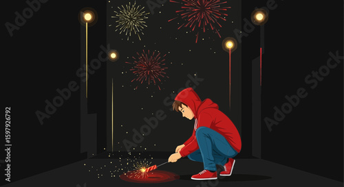 Boy Igniting Sparklers Under Fireworks During Festive Celebration Night