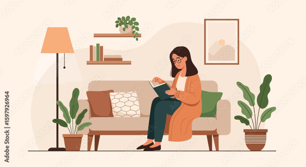Fototapeta premium Cozy Reading Scene Woman Enjoying Book On Couch In Relaxing Interior