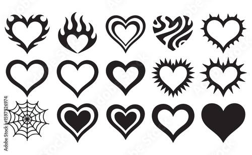 Neo Tribal Heart Tattoo Set – Gothic Vector Love Symbols, Punk Rock Flame Designs, Valentine Sticker Pack