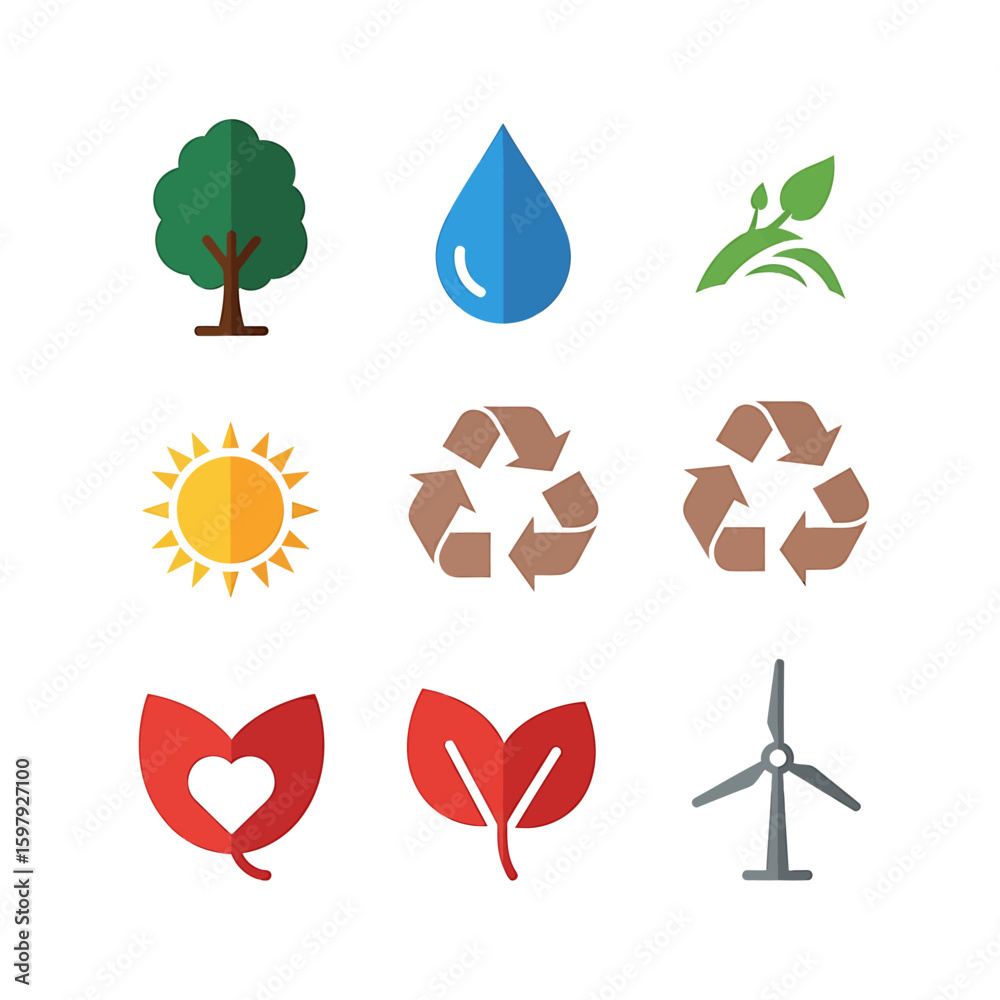 Naklejka premium A collection of nine colorful environmental icons representing nature, recycling, renewable energy, and sustainability on a white background.