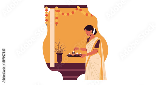 Elegant South Asian Woman Celebrating Traditional Festival With Oil Lamps