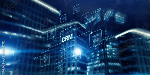 CRM. Customer Relationship Management on modern city background