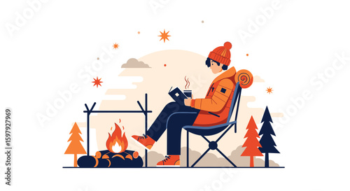 Cozy Winter Camping Illustration With Person Reading By Fire In Nature