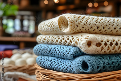 Stacked Knitted Throws in Cream and Teal, Warm Bokeh Background