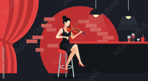 Elegant Violinist Performs in a Chic Bar With a Red Brick Wall Backdrop