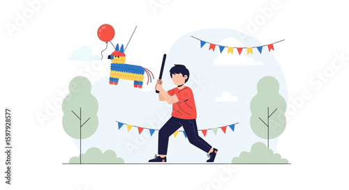 Boy Playing Piñata Game During Festive Outdoor Celebration with Colorful Decorations
