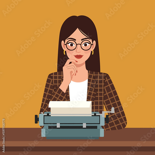 Woman with glasses and a patterned jacket thoughtfully poses with a vintage typewriter, hand to chin, ready to write.
