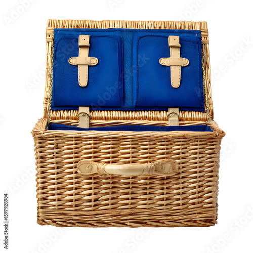 Open Wicker Picnic Basket with Blue Lining on Transparent Background