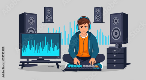 Boy Produces Electronic Music With Headphones At Home Music Production Studio