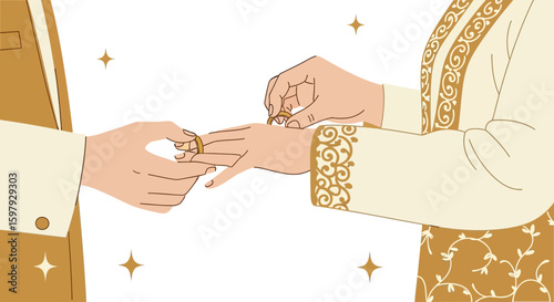 Elegant Wedding Ceremony Exchange Of Rings For A Newly Married Couple Illustration