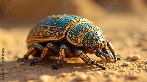 Ornate Golden Scarab Beetle on Desert Sand:  Intricate Design, Jewel-toned Details,  Ancient Egyptian Inspired
