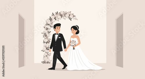 Elegant Wedding Ceremony Illustration Of Bride And Groom Walking Together In Love