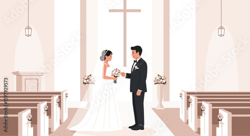 Elegant Wedding Ceremony In Church With Bride And Groom Exchanging Vows