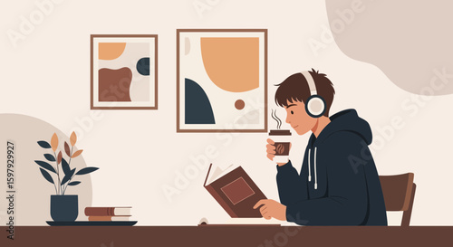 Boy Reading Book While Enjoying Coffee And Listening Music At Home