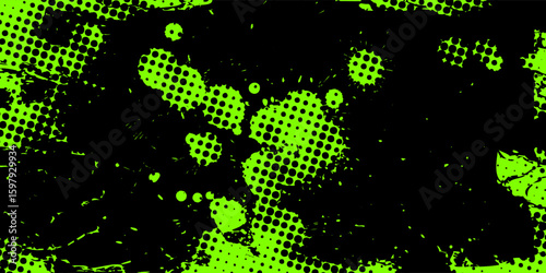 Vibrant abstract vector background. Energetic lime green and black design featuring dynamic strokes, halftone dots, and grunge splatters for a modern, edgy look.