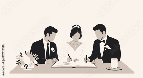 Elegant Wedding Ceremony Scene with Bride And Groom Signing Marriage Certificate