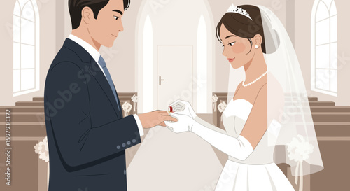 Elegant Wedding Ceremony With Exchange of Rings in a Church Setting