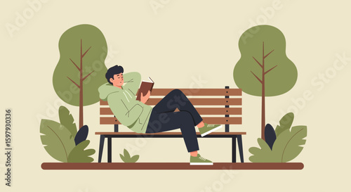 Boy Reading Novel Relaxing On A Park Bench Amidst Greenery And Tranquility