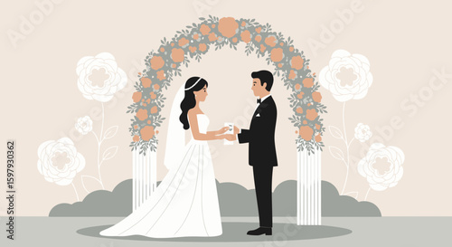 Elegant Wedding Ceremony With Floral Arch And Couple Exchanging Vows Design