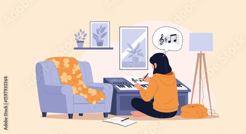 Creative Composer Girl Writing Music at Home on Electronic Piano Keyboard