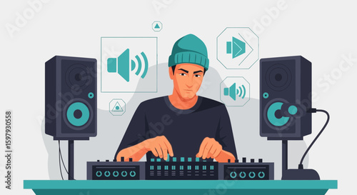 Creative Dj Producing Electronic Music In A Studio With Speakers Concept